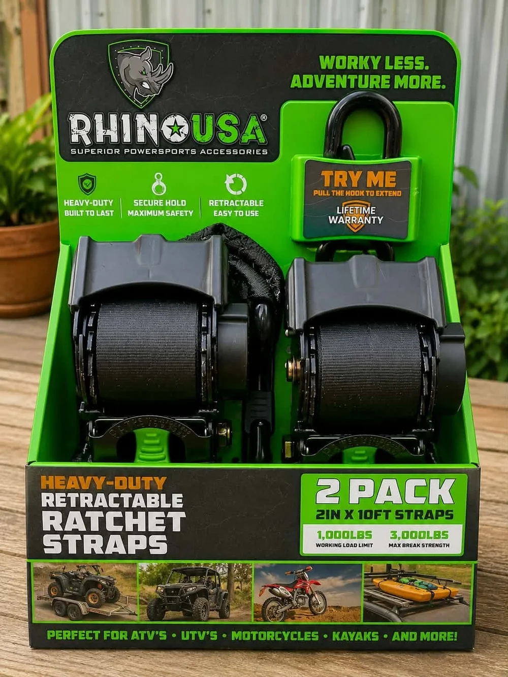 Heavy-Duty Retractable Ratchet Straps 2-Pack - Green/Black